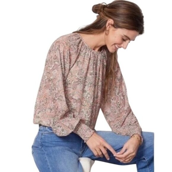 Evereve Boho Celeste Chiffon Smocked Puff Sleeve Blouse Top Pink Floral Small - Picture 4 of 8